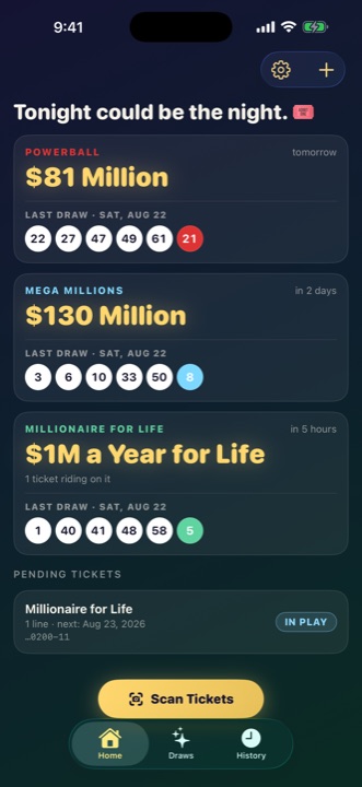 Home screen showing current Powerball, Mega Millions and Millionaire for Life jackpots with each game's most recent winning numbers