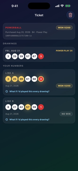 A Powerball ticket showing the drawing's winning numbers above the player's own, with three matched numbers and the Powerball marked in gold, and a WON $200 label